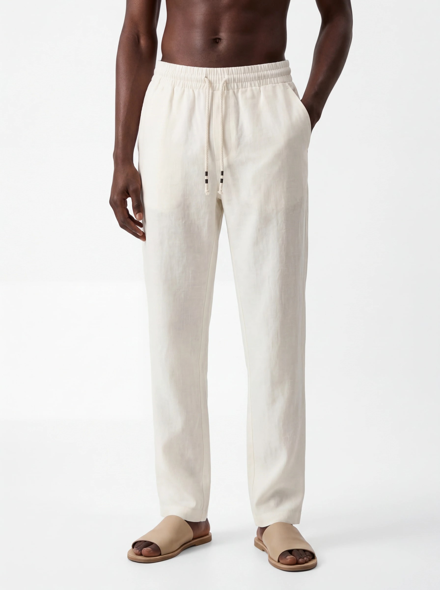 WHITE 100% LINEN SLIM-FIT DRAWSTRING PANTS S27