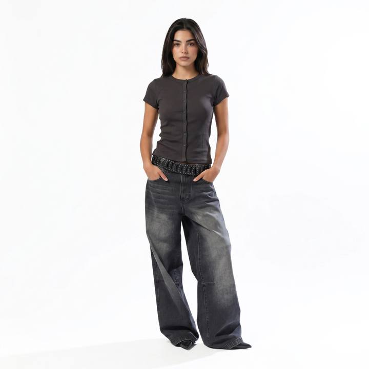 DARK GREY RIB BUTTON TOP