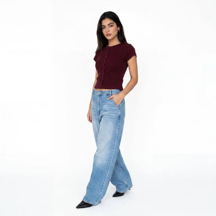 BURGUNDY RIB BUTTON TOP