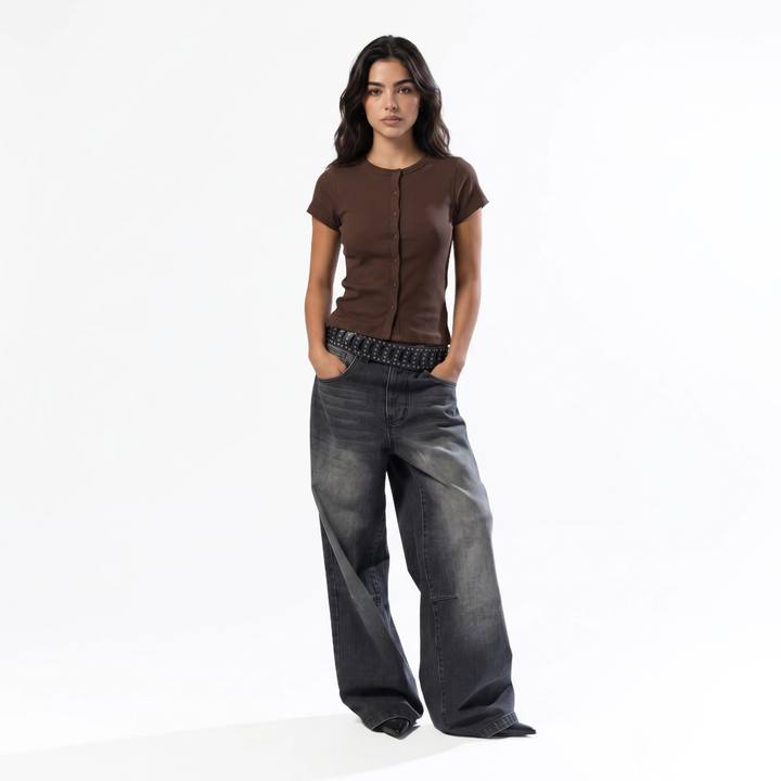 BROWN RIB BUTTON TOP