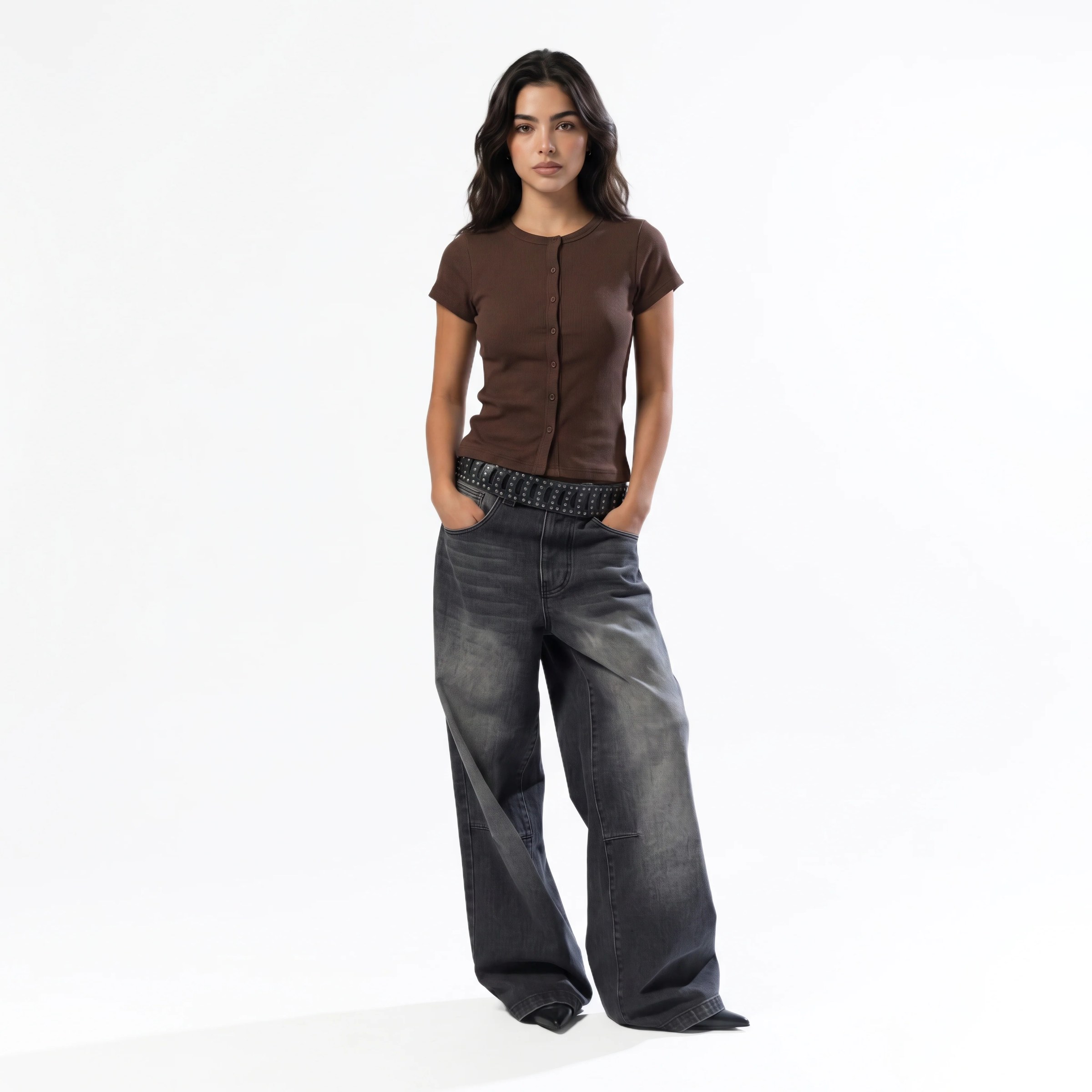 BROWN RIB BUTTON TOP