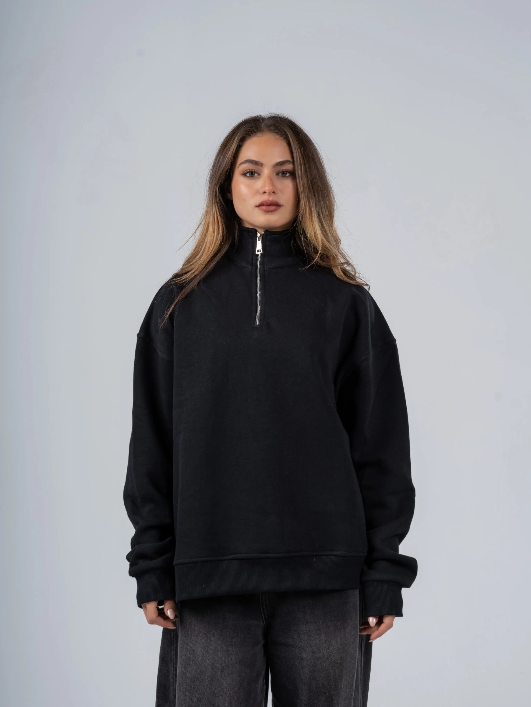 BLACK QUARTER-ZIP SWEATSHIRT