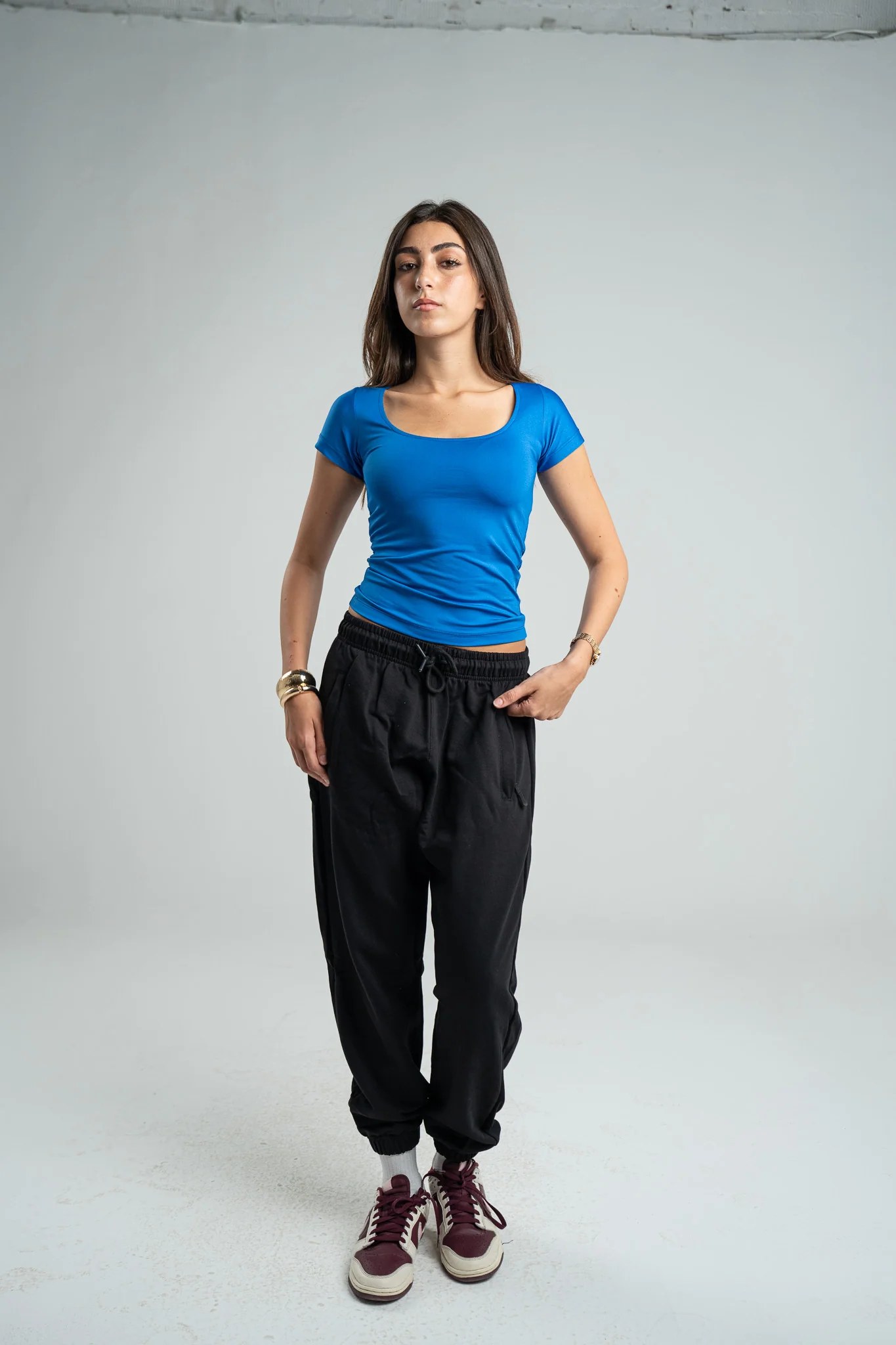 BLUE SHORT SLEEVE MICROFIBER WIDE NECK TOP