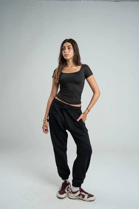 BLACK SHORT SLEEVE MICROFIBER WIDE NECK TOP