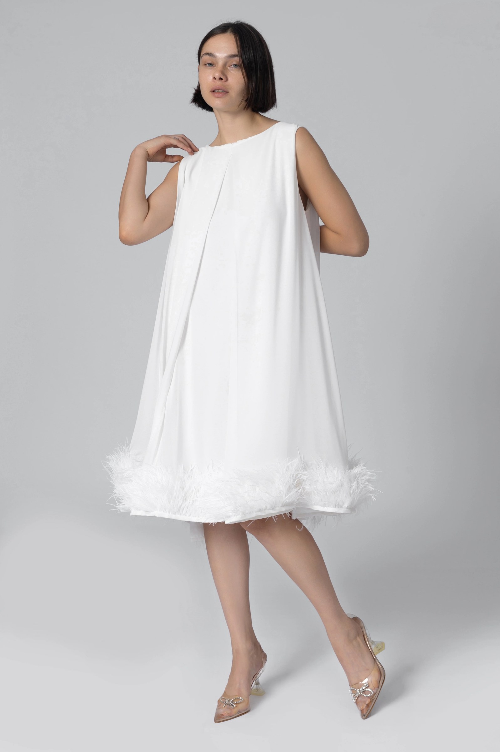 White Feather-trimmed Minidress