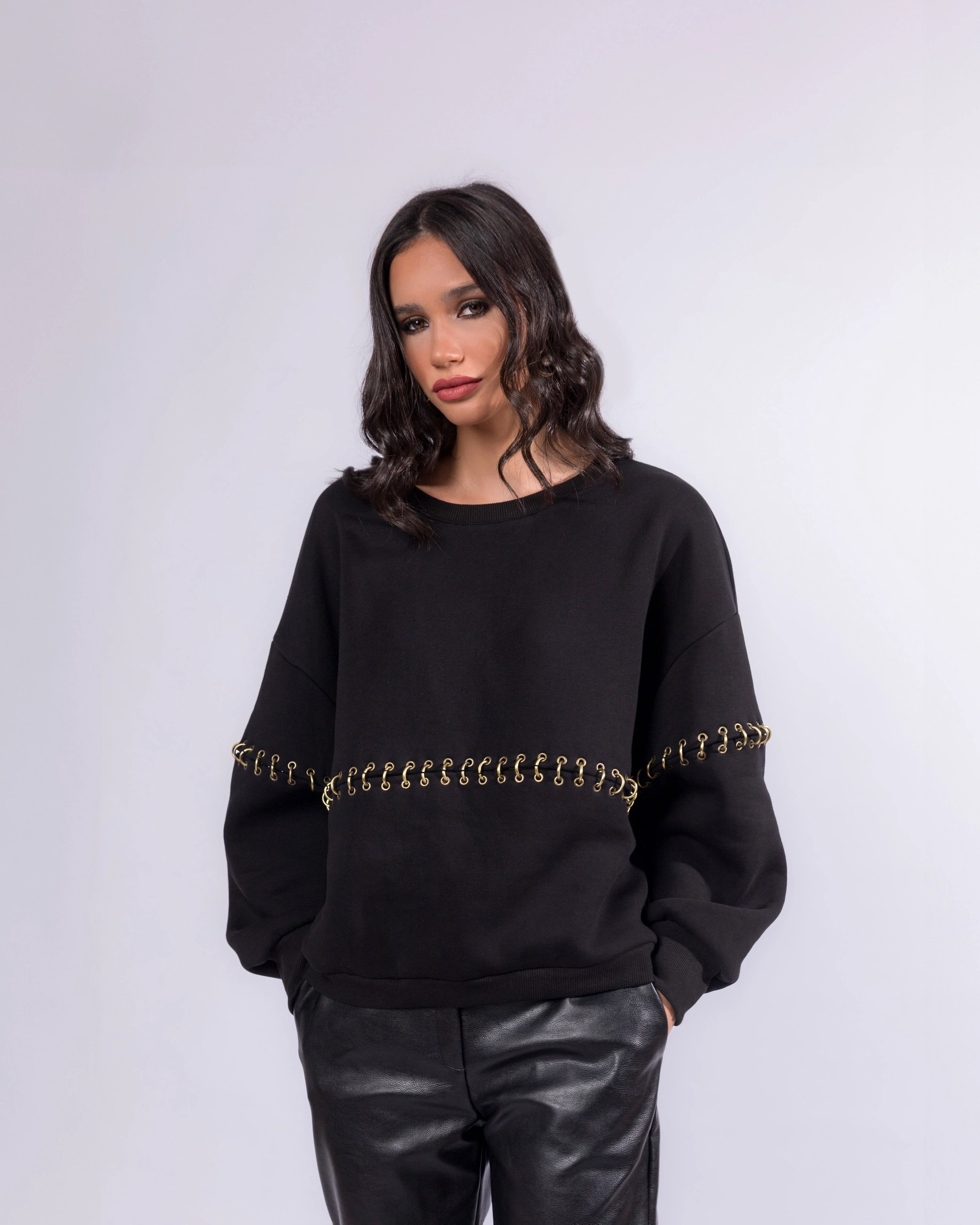 Black Melton Sweatshirt With Eyelets Statement Detail