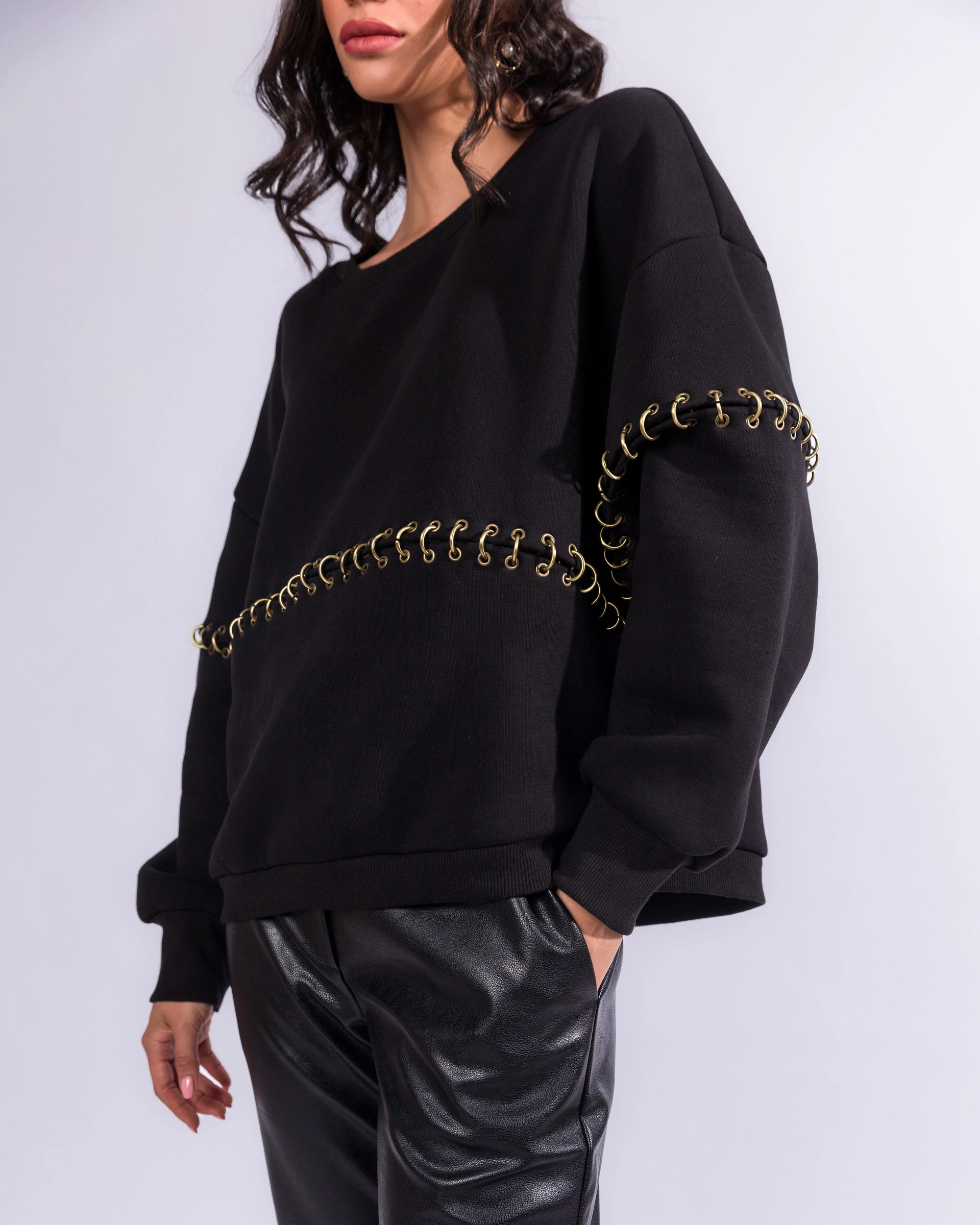 Black Melton Sweatshirt With Eyelets Statement Detail