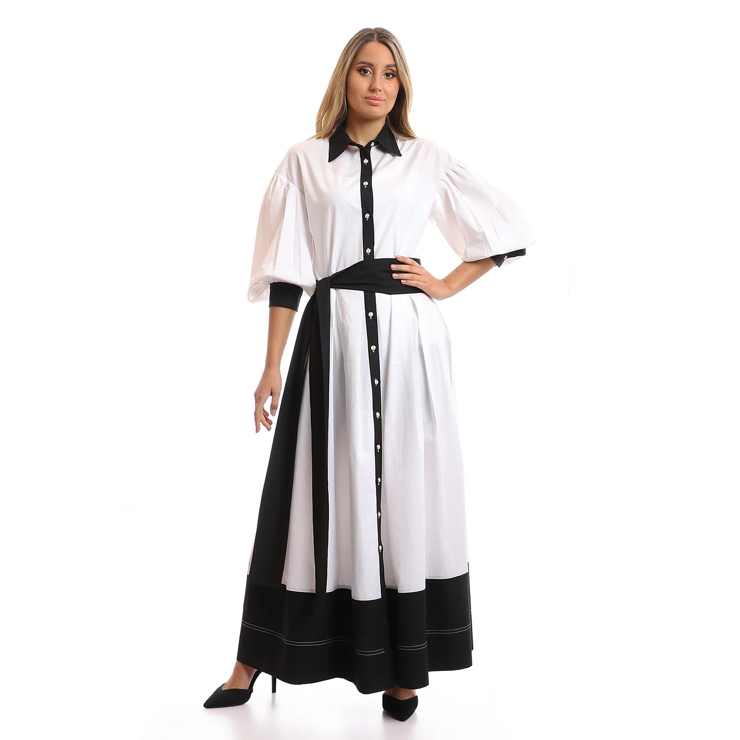 Cotton Dress With Belt And Puffy Sleeves