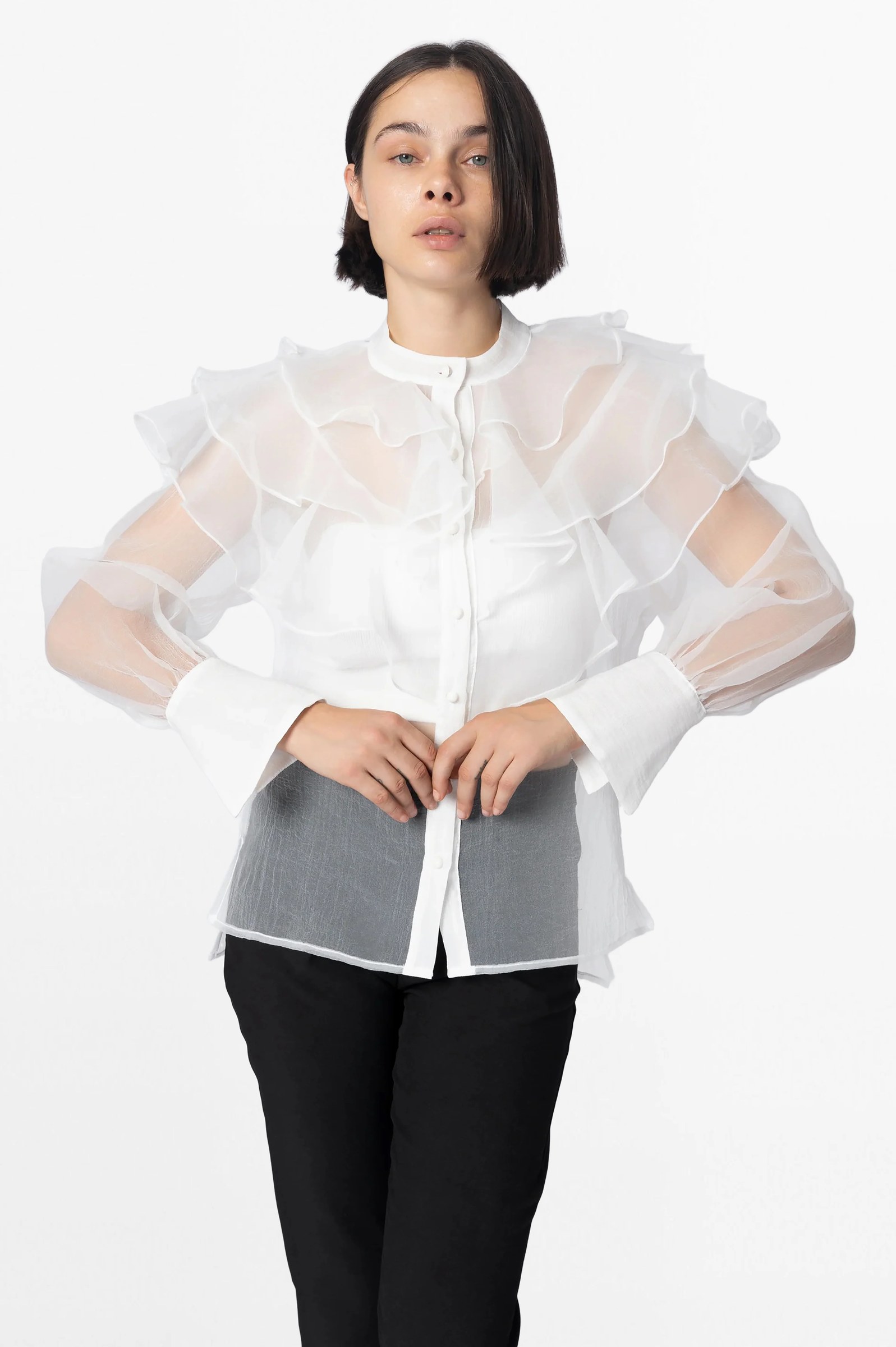 White Ruffled Colar Organza Blouse