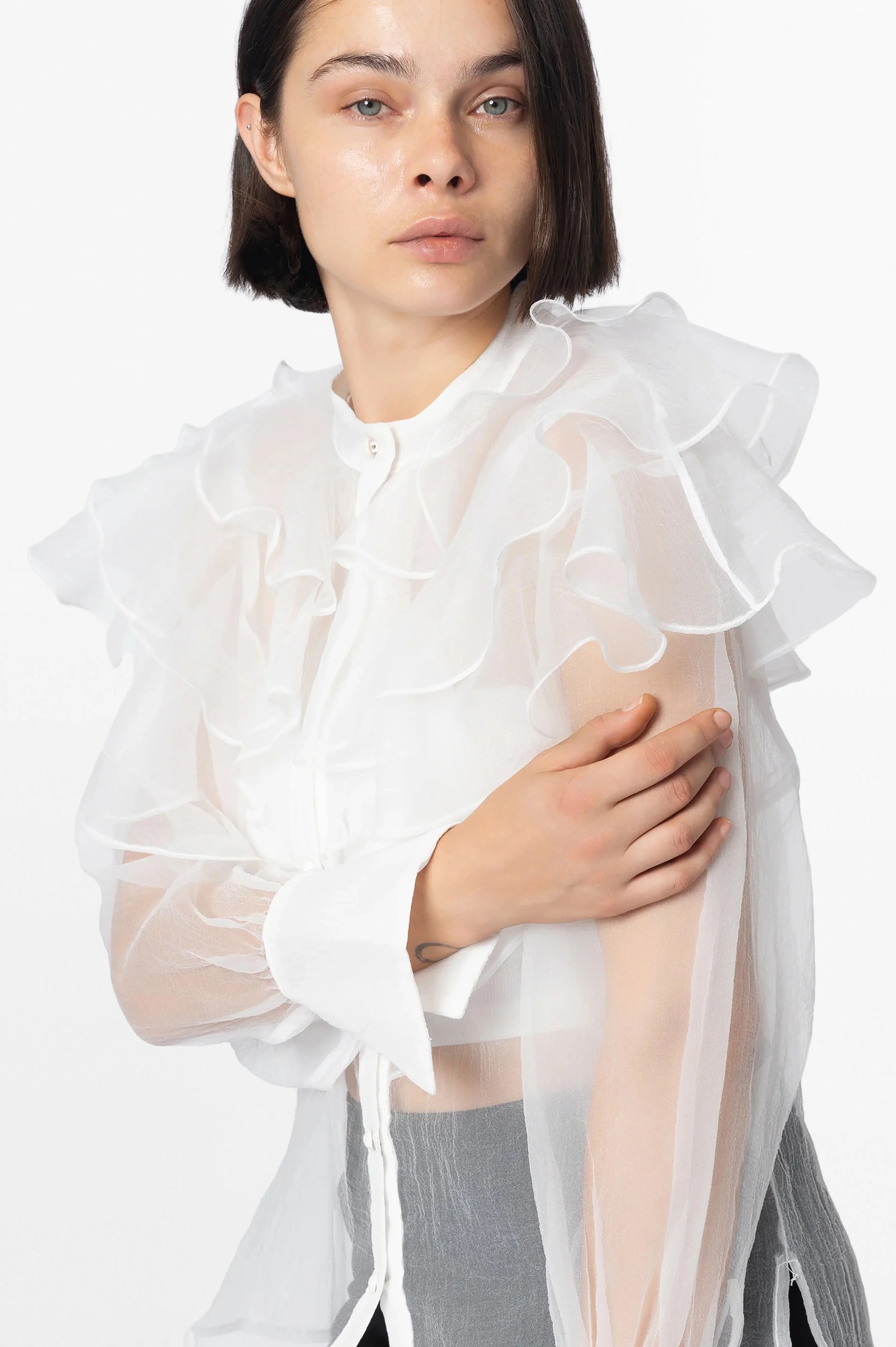 White Ruffled Colar Organza Blouse