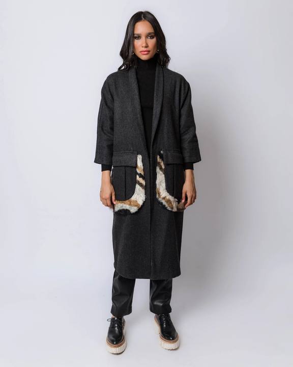 Grey Wool Coat With Large Patch Pockets And Fur Trims