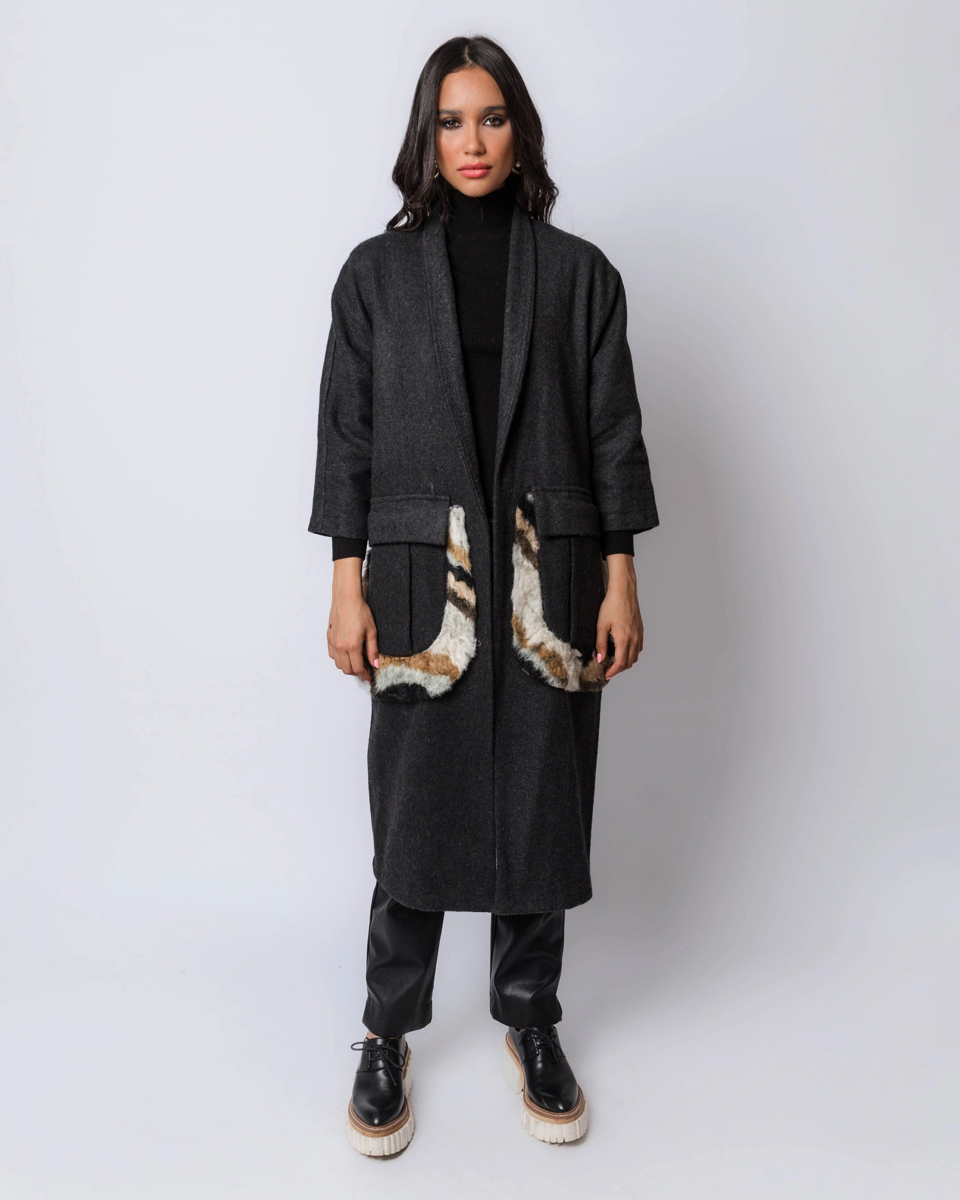 Grey Wool Coat With Large Patch Pockets And Fur Trims