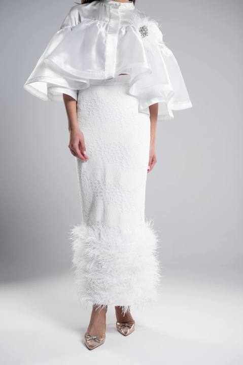 Feather Trimmed Maxi Guipure Skirt