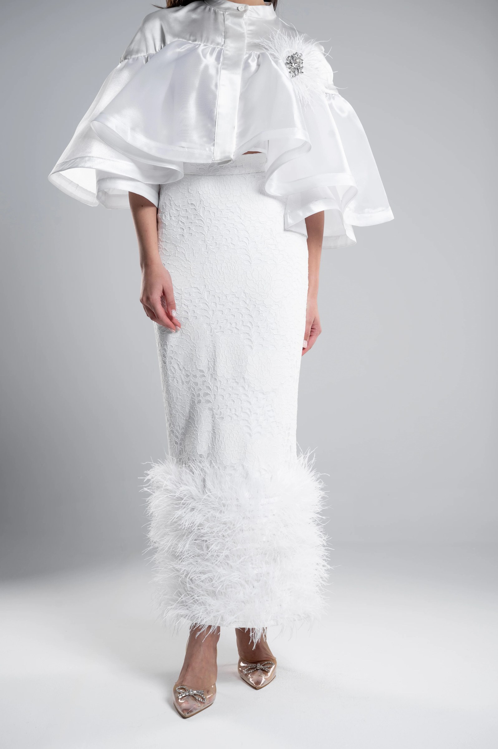 Feather Trimmed Maxi Guipure Skirt