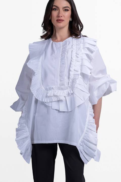 White Oversized Ruffle Blouse.