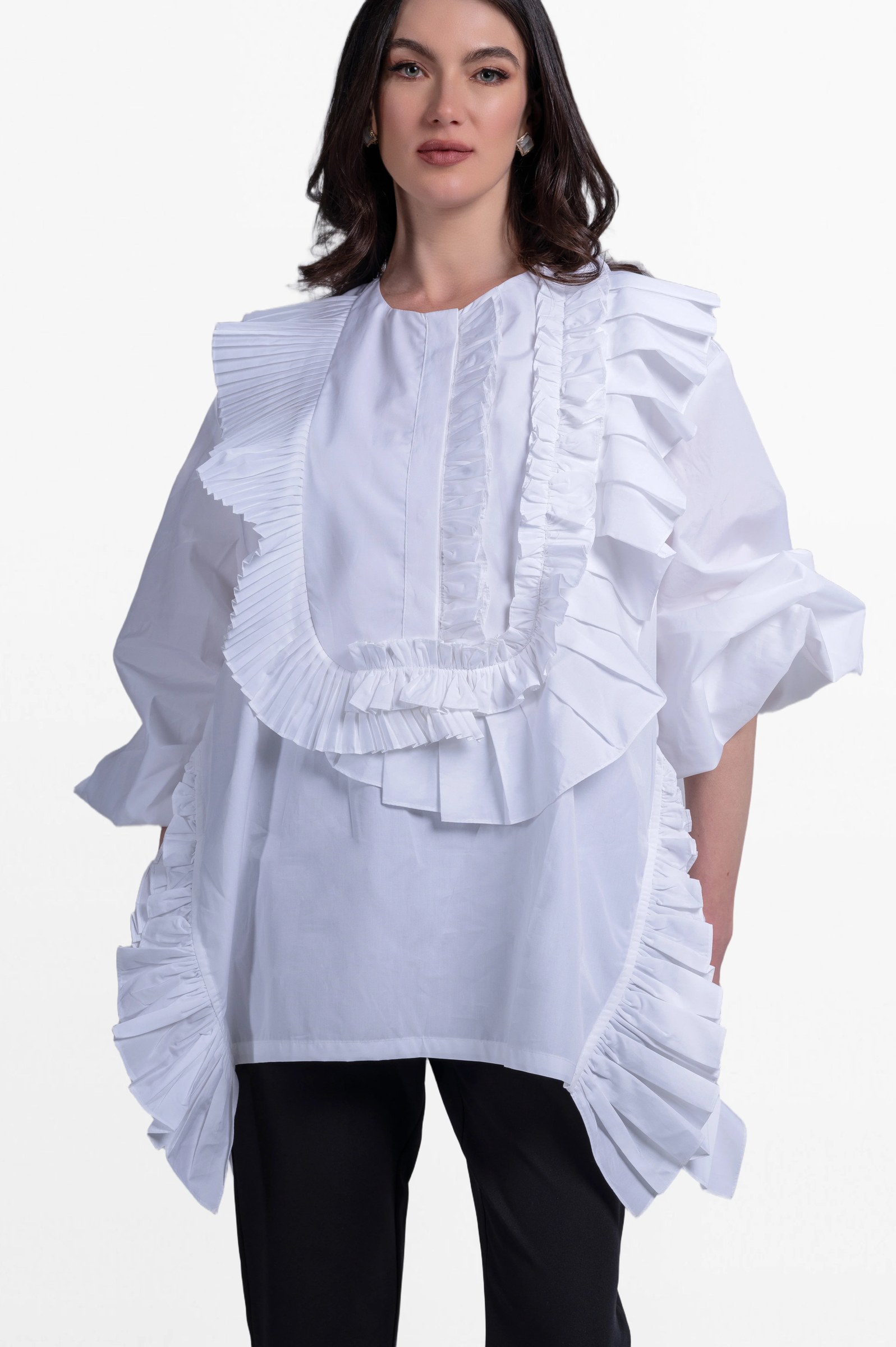 White Oversized Ruffle Blouse.