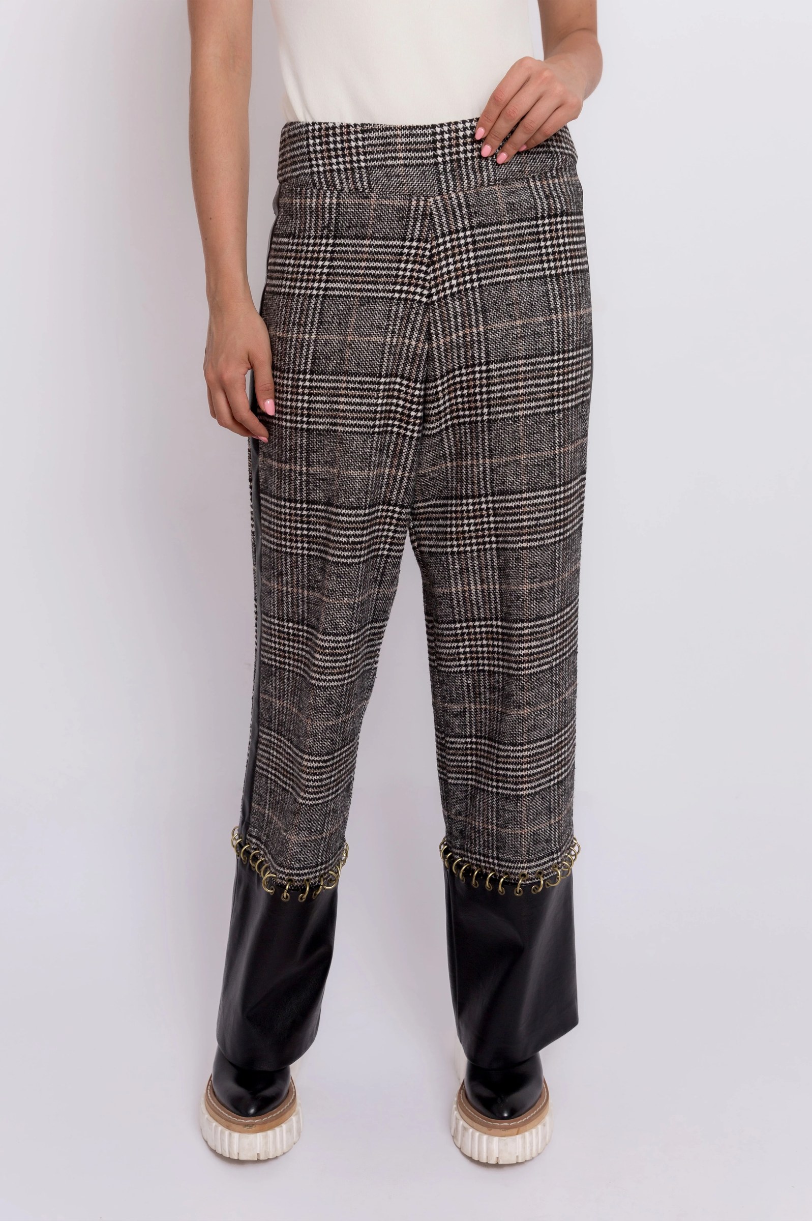 Wool Patterned Pants With Leather Trim And Ring Detail