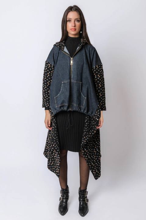 High Low Denim Hooded Jacket With Knitted Back And Sleeve