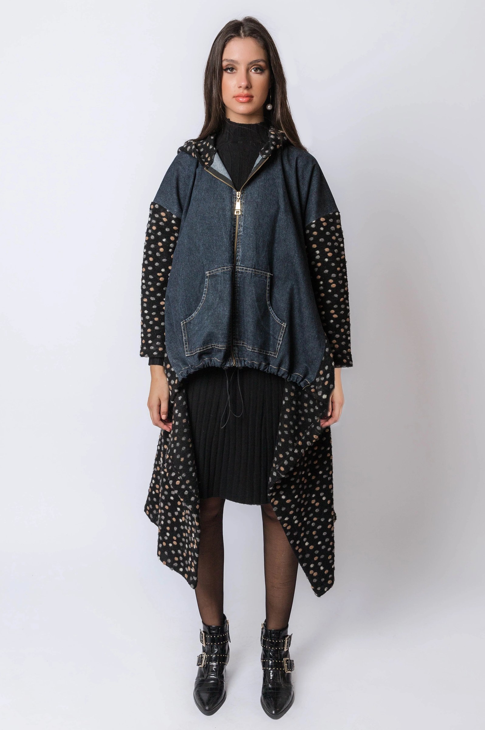 High Low Denim Hooded Jacket With Knitted Back And Sleeve