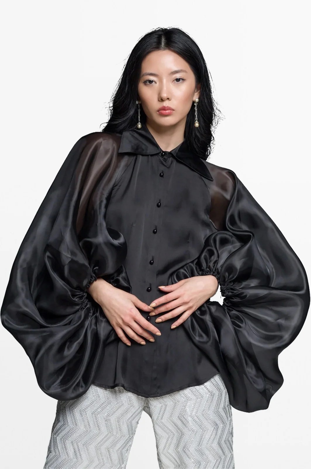 Puff-sleeve Satin Blouse
