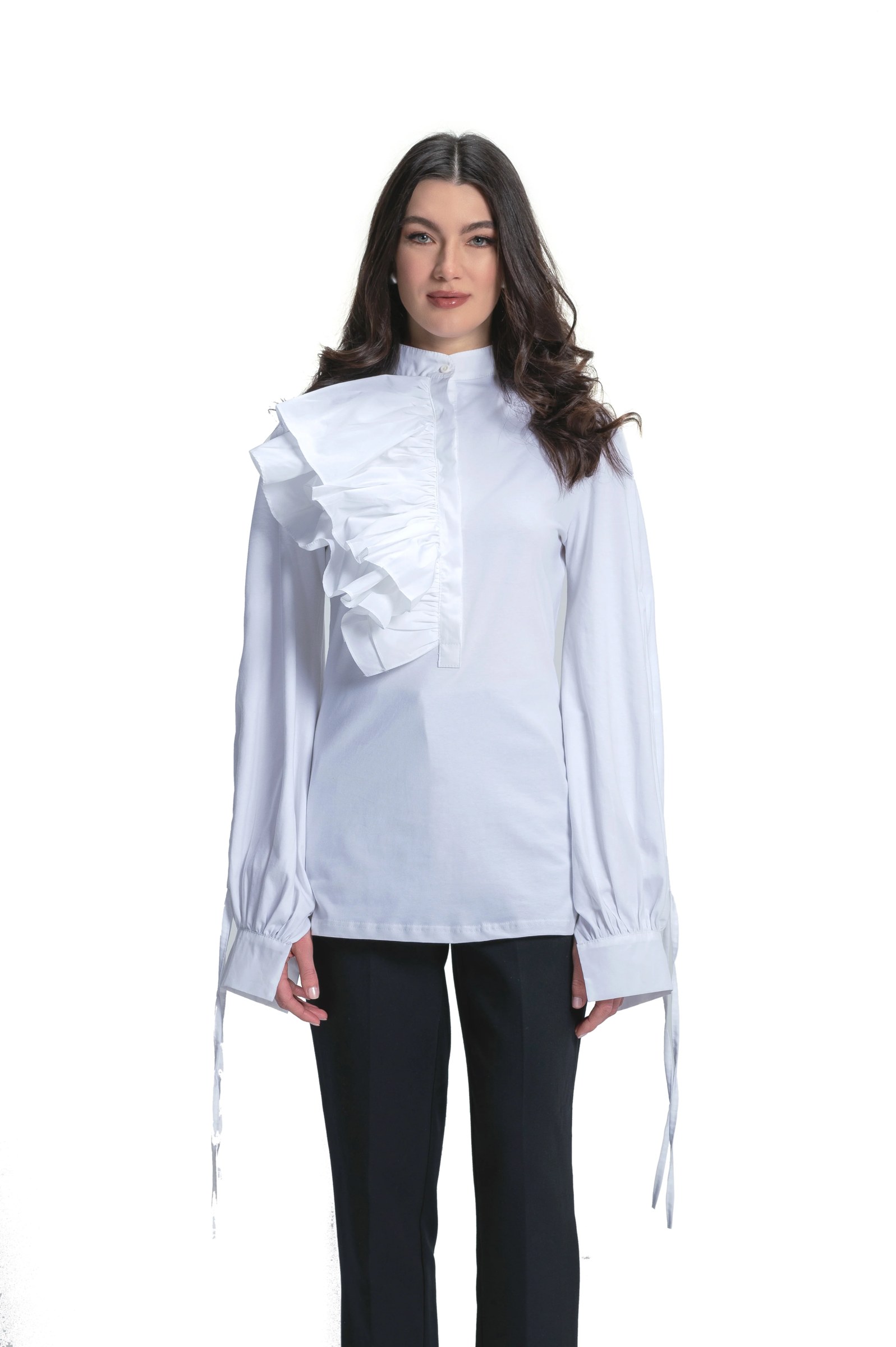 Fitted blouse with one sided ruffle layers