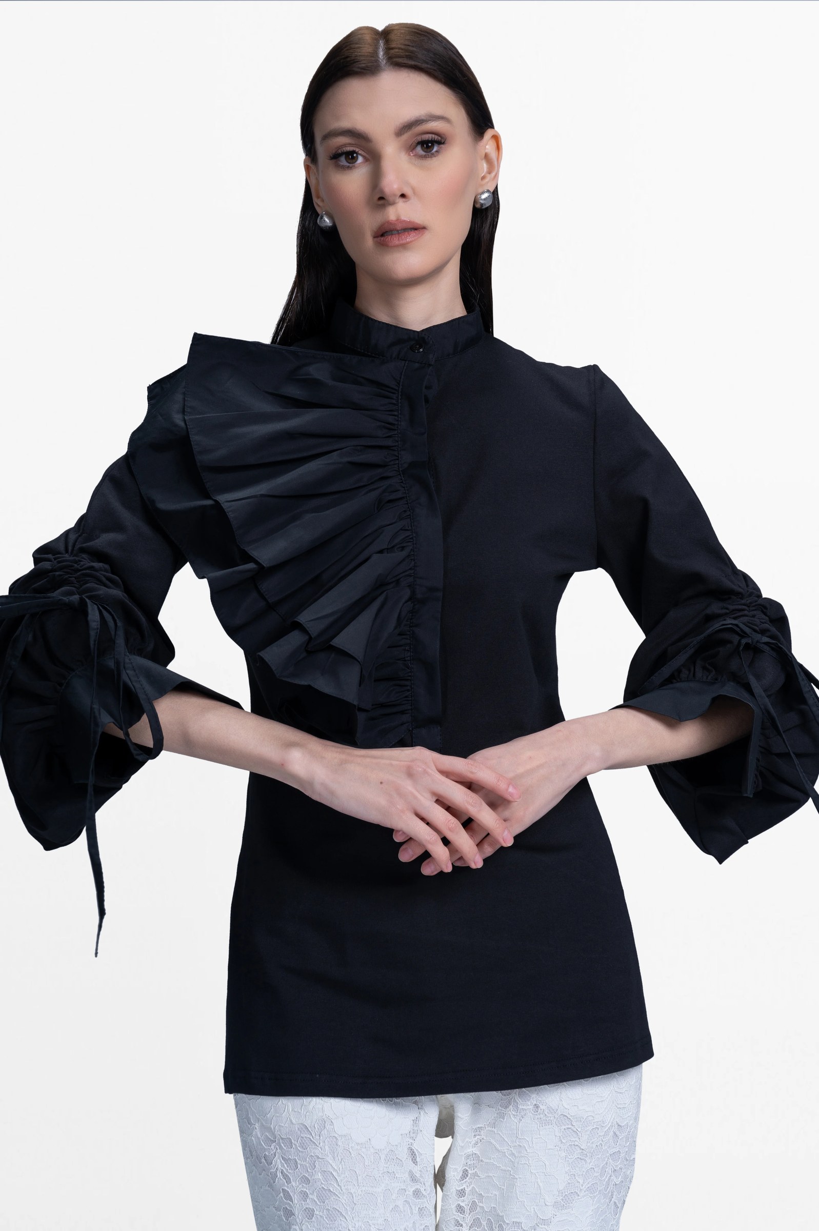 Fitted blouse with one sided ruffle layers
