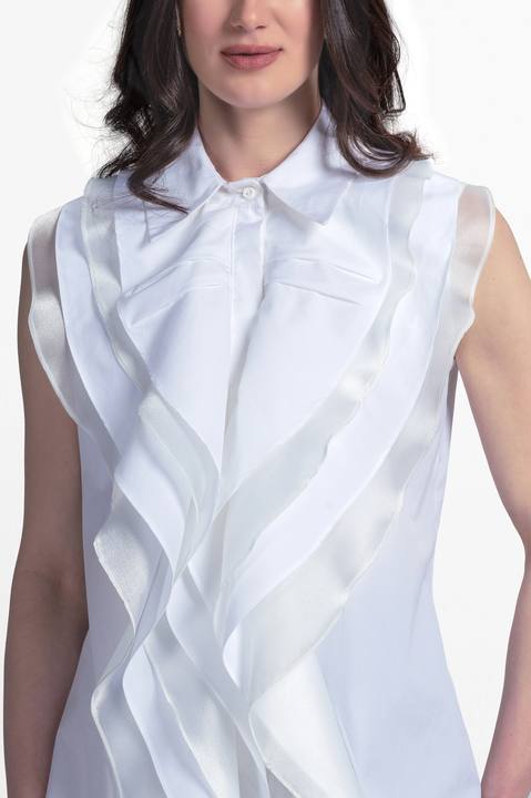 Sleeveless blouse with front ruffles.
