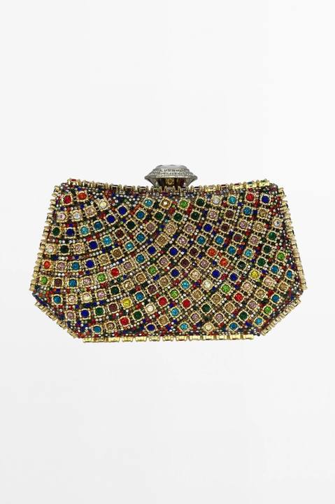 Gold Clutch with Vibrant Gemstone Embellishments and Sparkling Rhinestones