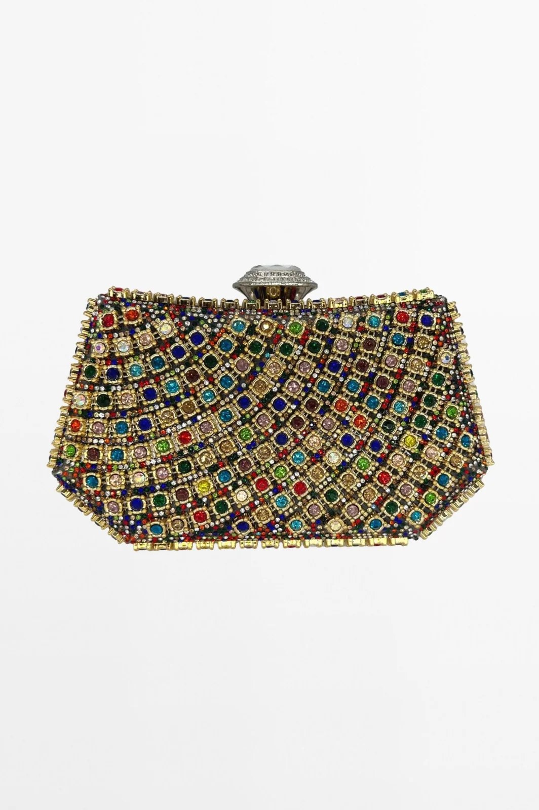 Gold Clutch with Vibrant Gemstone Embellishments and Sparkling Rhinestones