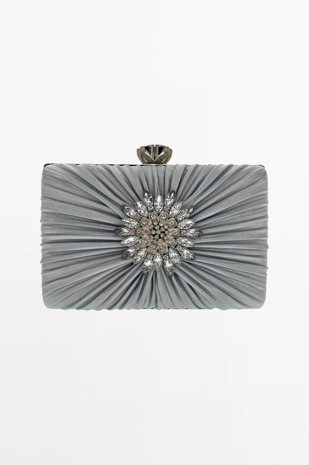 SILVER Satin Clutch with Crystal Embellishment