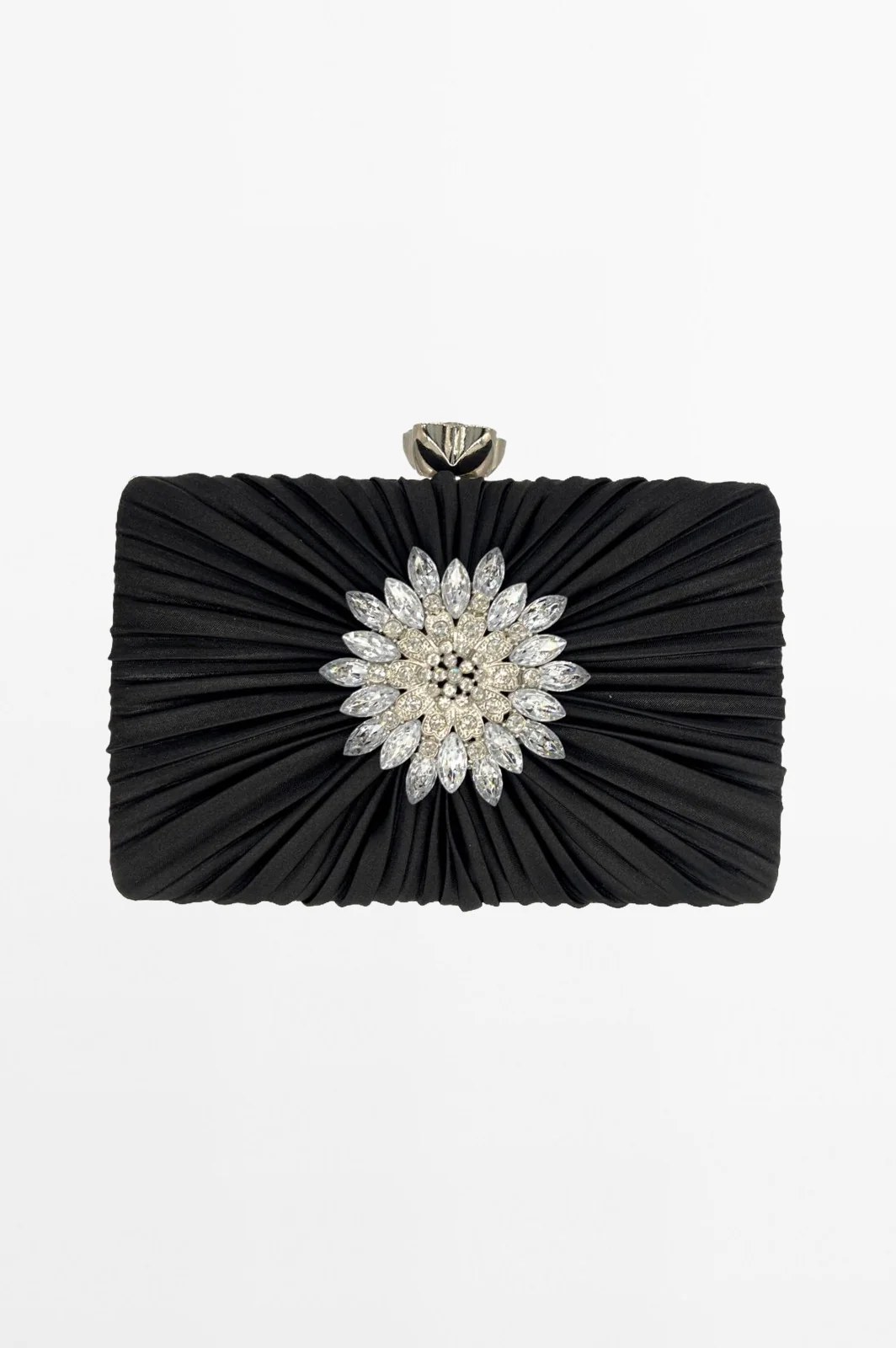 Black Satin Clutch with Crystal Embellishment