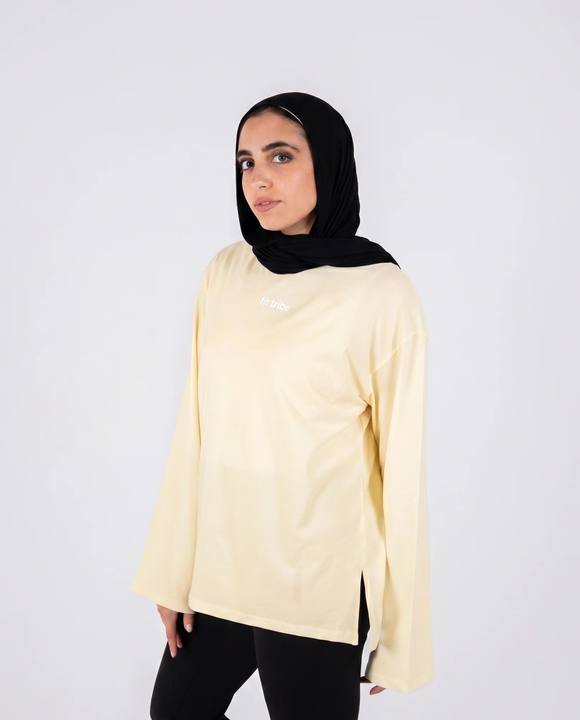 Cloud Cotton Oversized Long Sleeve Slit Top - Butter Yellow