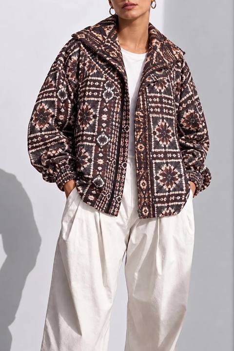 Islamic brown tie dye Linen zipper jacket