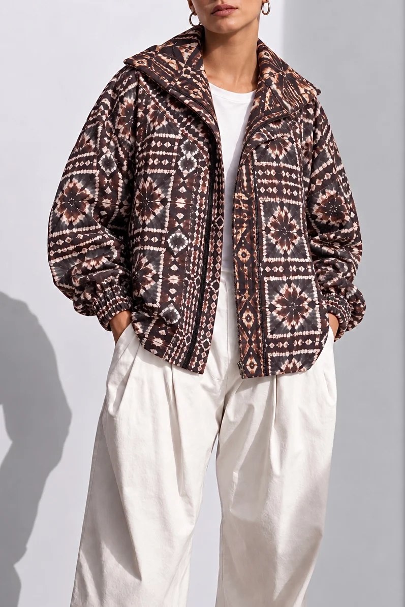 Islamic brown tie dye Linen zipper jacket