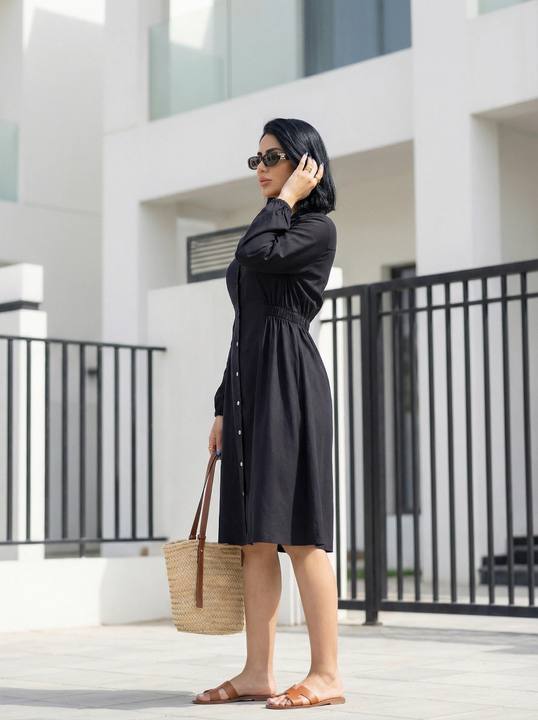 Long Sleeve Button-Front Flared Dress