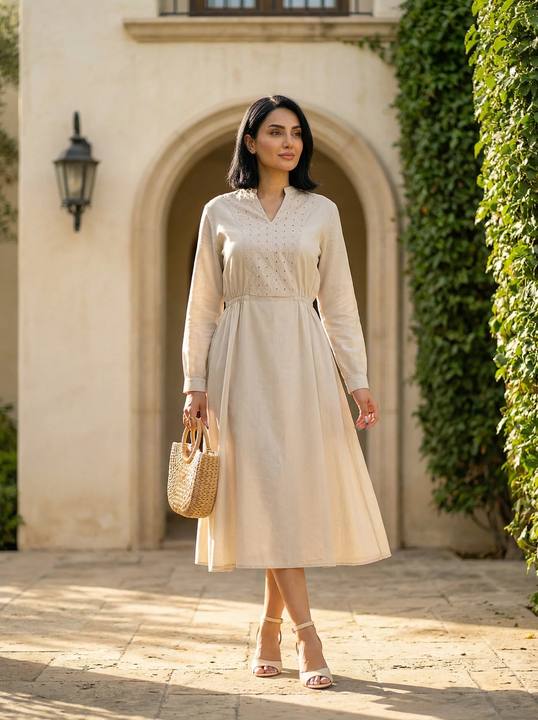 Embroidered V-Neck Midi Dress