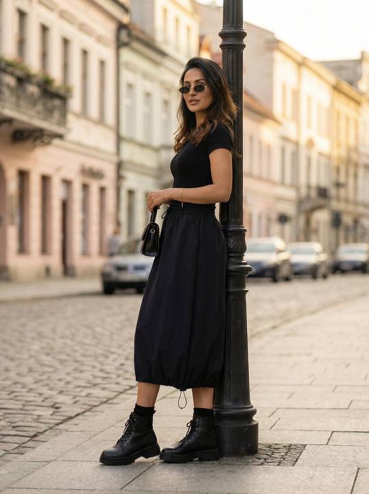 Elastic Waist Midi Skirt