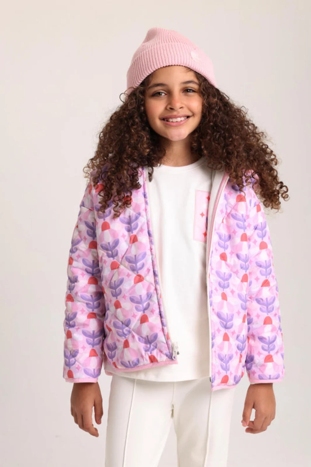 girls waterproof reversible quilted jacket –off white & pink floral