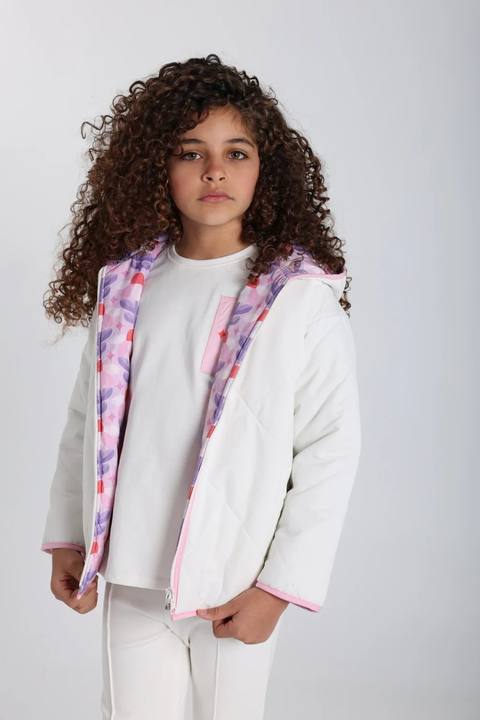 girls waterproof reversible quilted jacket –off white & pink floral