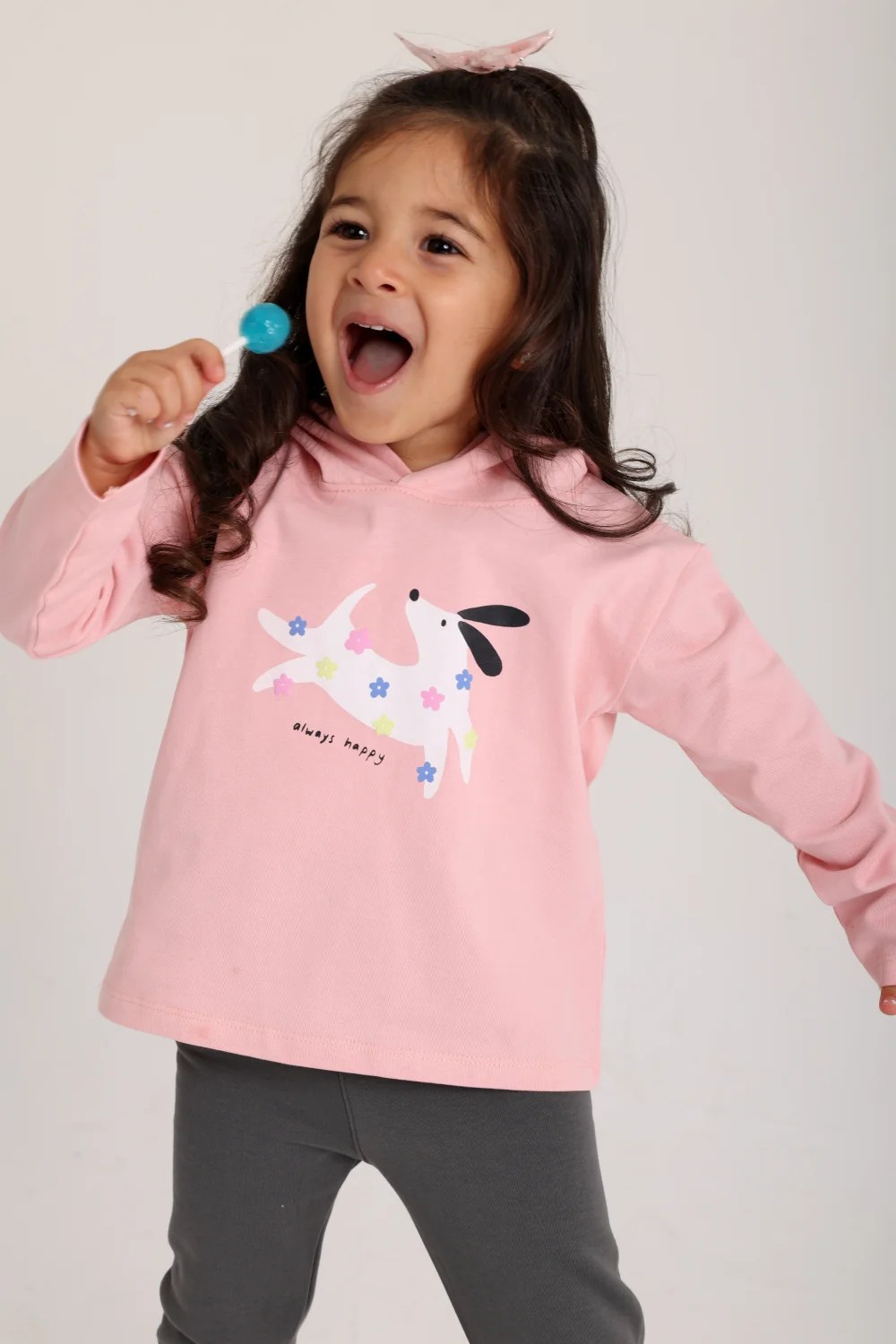baby girls cotton hooded t-shirt simon with "always happy" dog print
