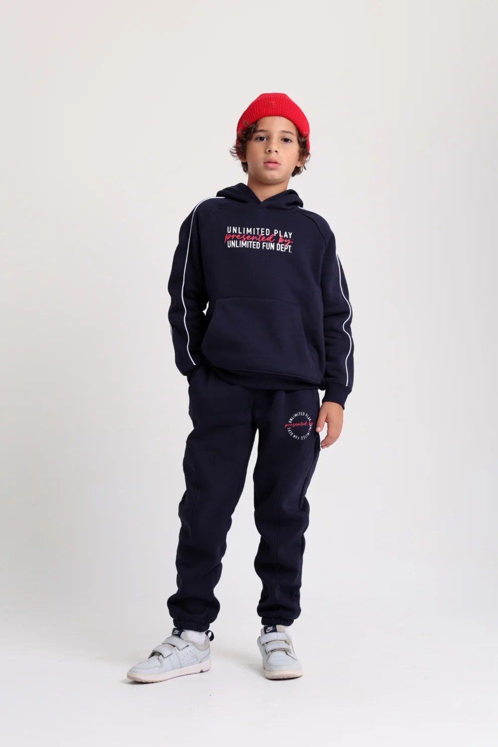 cotton sweatpants – navy with "unlimited play presented by unlimited fun dept" print