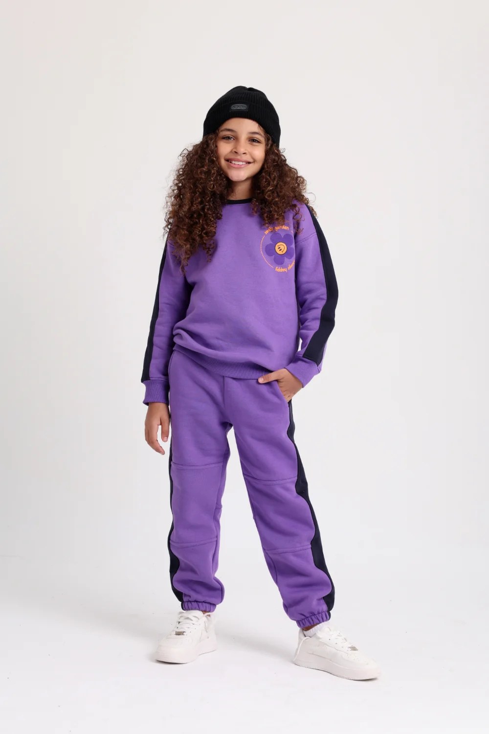 girls cotton sweatshirt - purple with "smile garden - always happy" print
