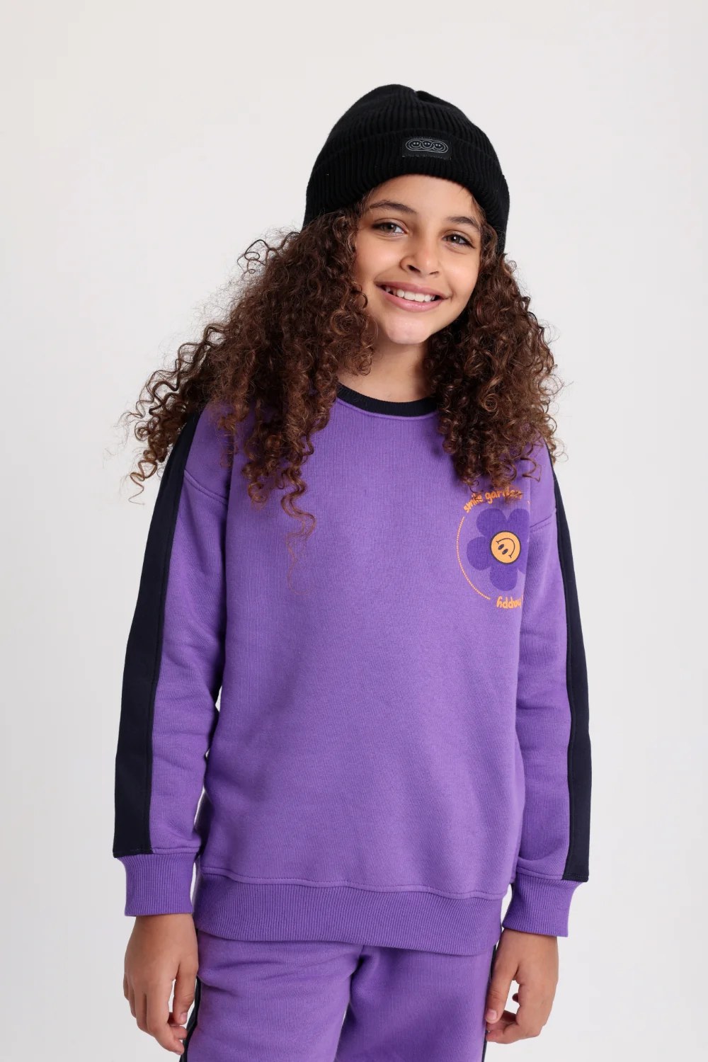 girls cotton sweatshirt - purple with "smile garden - always happy" print