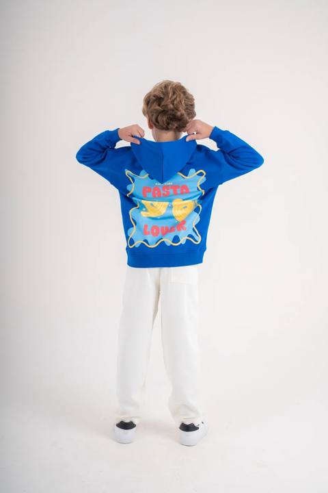 boys fleece hoodie – blue with "pasta lover" print