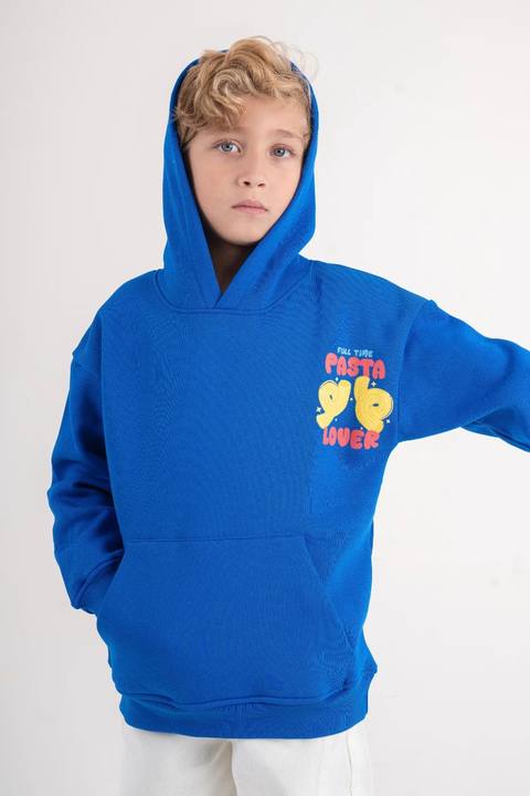 boys fleece hoodie – blue with "pasta lover" print