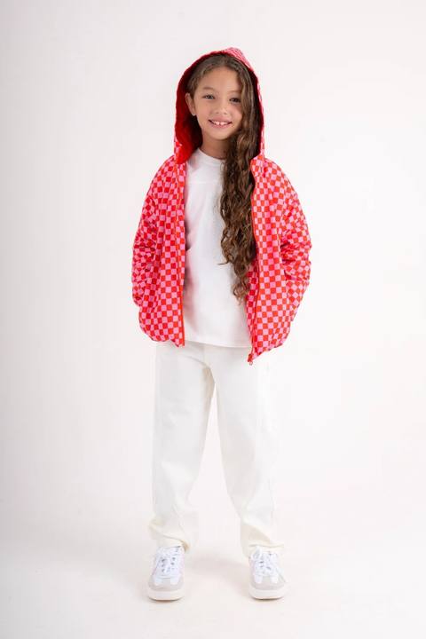 girls waterproof jacket – red & pink checkered