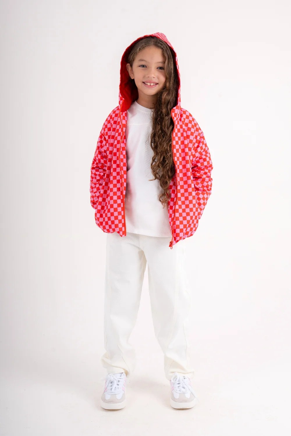 girls waterproof jacket – red & pink checkered