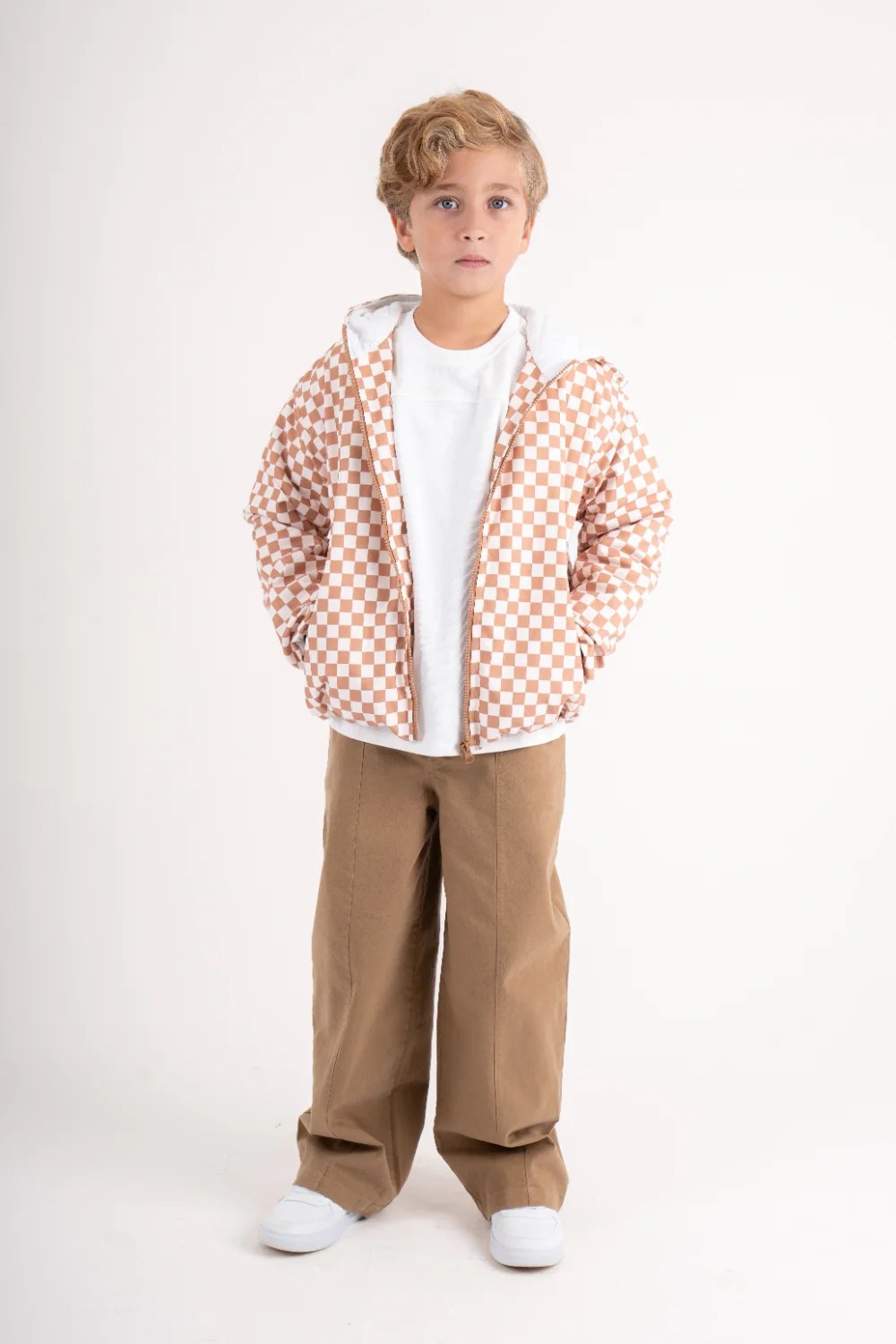 boys waterproof jacket – beige & white checkered