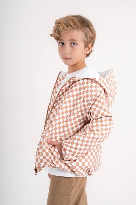 boys waterproof jacket – beige & white checkered