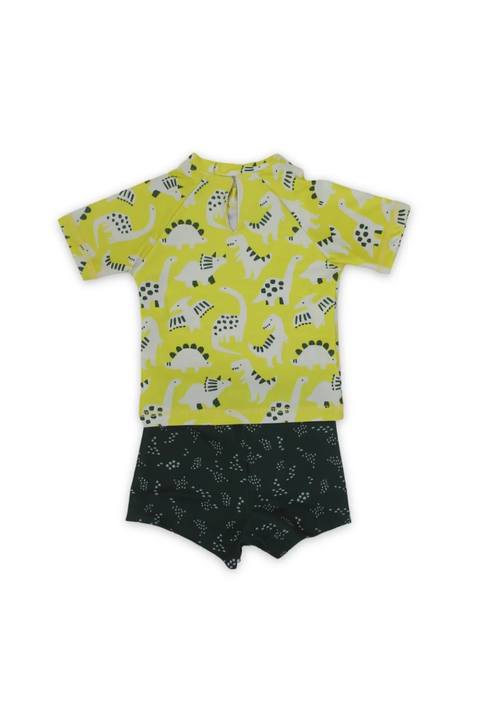 baby boys 2-piece swimsuit – yellow & olive with dinosaur print